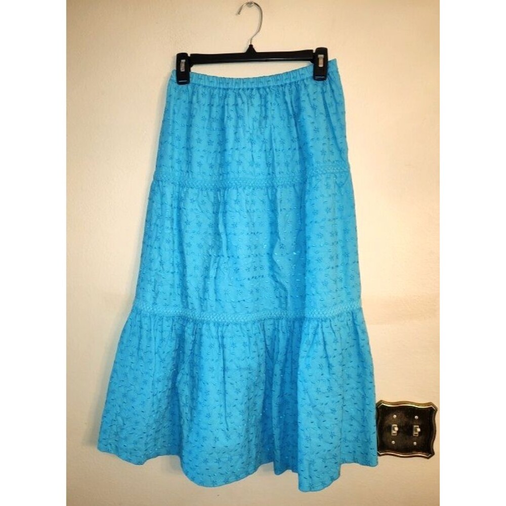 Gorgeous Women Van Heusen Bright Blue 100% Cotton Eyelet fabric Midi Skirt Sz XS